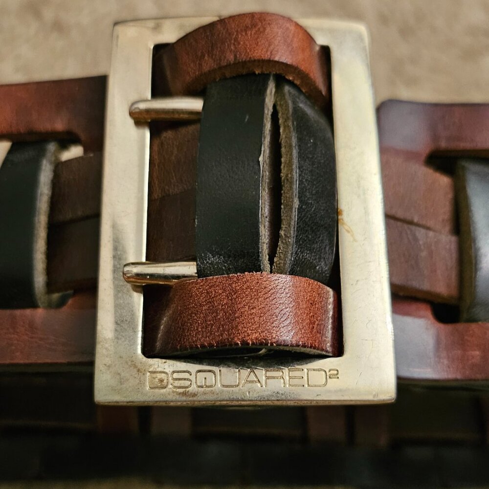 $495 D Squared woven leather double prong brown belt - Picture 5 of 13